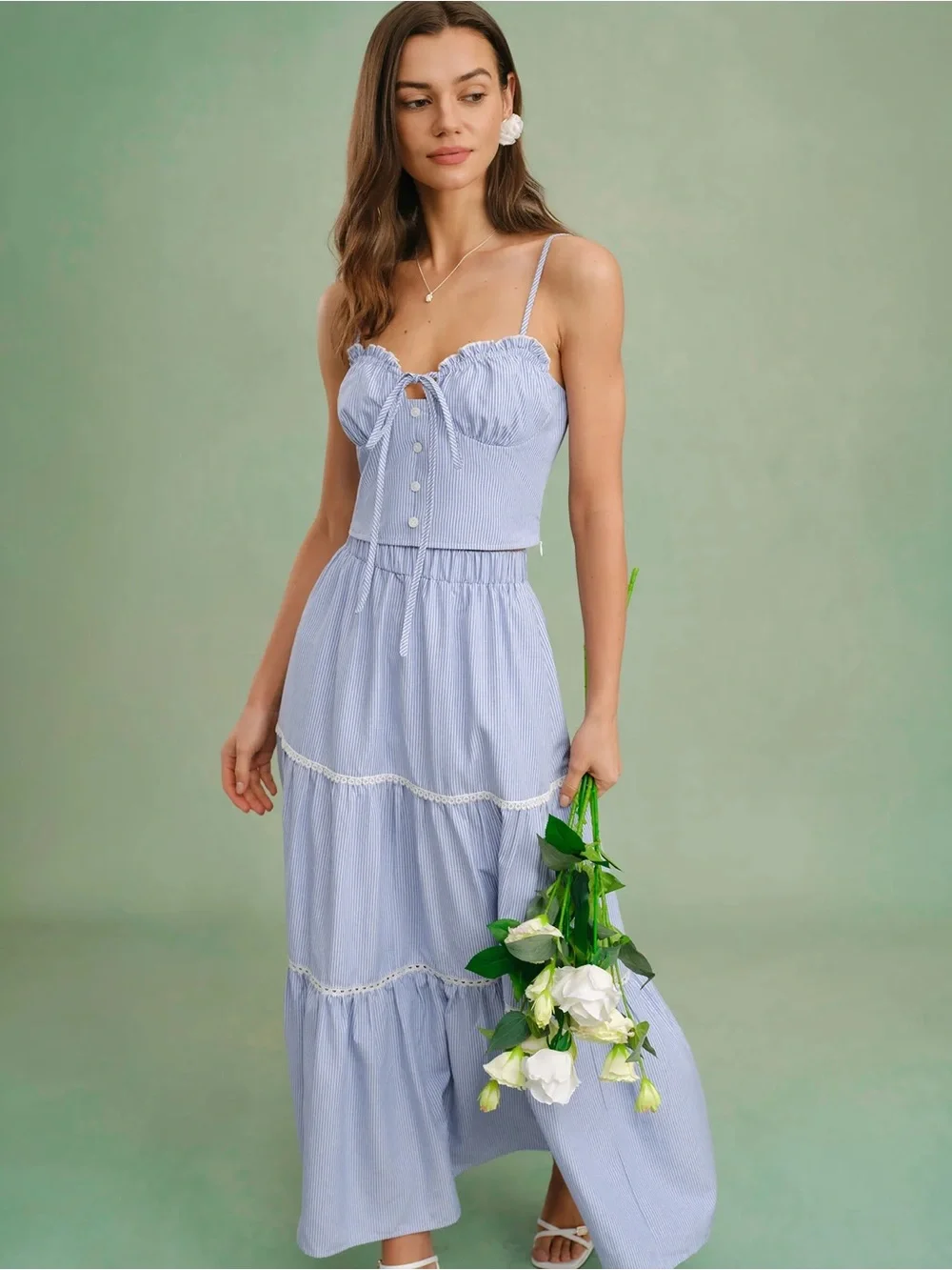 Rihoas Blue Stripe Maxi Skirt with Elastic Waistband - Picture 2 of 7